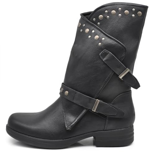 IF Fashion Scarpe Da Donna Stivali Stivaletti Biker Fibbie Anfibi Al Polpaccio Largo Con Borchie 647-2 Nero N.37