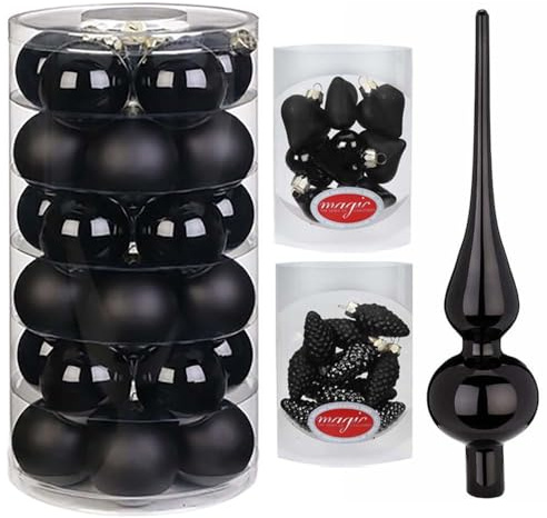Inge Glas Weihnachtskugeln Set 51 TLG | Christbaumschmuck mit Spitze | Schöne Kugeln & Zubehör (Ebony Black | schwarz)