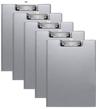 (5 Stück) Klemmbrett A4 mit Deckel, Schreibbrett Klemmbretter mit Metalklemme und Aufhängeose, Clipboard mit Tasche, Klemmbrettmappe für Büro,Schule（Grau）