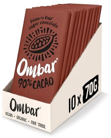 Vegan Chocolate - Ombar 90% Cacao Dark Chocolate (70g x 10 Bars) Organic, Fair Trade, Dairy Free and Gluten Free Chocolate