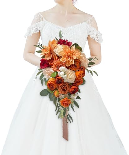 CherishedMoments Gebrannte Orange Künstliche Blumen Brautstrauß Terrakotta Blumen Tropfenform Brautstrauß Künstlicher Kaskadenstrauß für Hochzeitszeremonie und Jahrestag