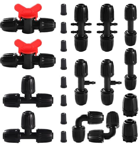 VooGenzek 22 PCS Drip Irrigation Fittings Kit for 13/16 mm to 4/7 mm Tubing, Drip Irrigation Barbed Connectors for Garden, Lawn, with Switch Valve, Tees, Elbow, Straight, 6 Way, End Plug, Black
