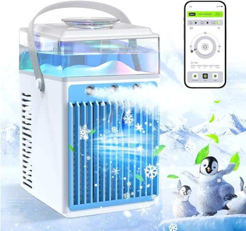 Aire Acondicionado Portátil, 4 en 1 Mini Enfriador de Aire Portátil Ventilador de Enfriamiento de Aire Personal Pequeño USB con 7 Colores LED, 3 Modo niebla y 3 Velocidades para Coche, Oficina, Hogar