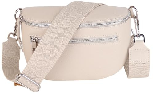 MIRROSI® Damen Bauchtasche Umhängetasche 27x14,5x8cm Damen, Made in Italy, aus Echtleder Tasche Echtes Leder, Brusttasche, Crossbody Bag,Bohemian Style (1 Tasche 2 Gurte) (Beige Zwei Rauten)
