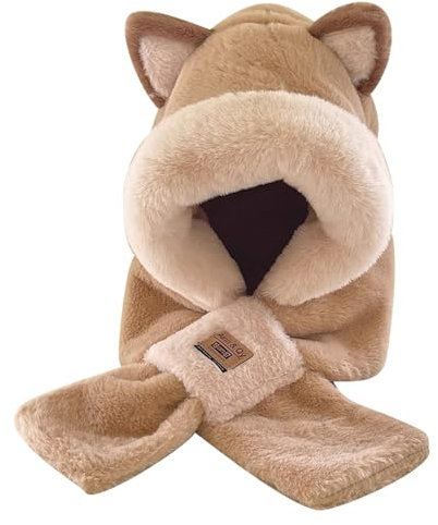 Thermo-Wintermütze für Herren, niedliche Ohren, 2-in-1-Mütze und Schal, Ohrenschal, Mütze, Schal, Kombi-Kapuze, kombiniert eine Mütze für Frauen, Ohrenwärmer, khaki, Einheitsgröße