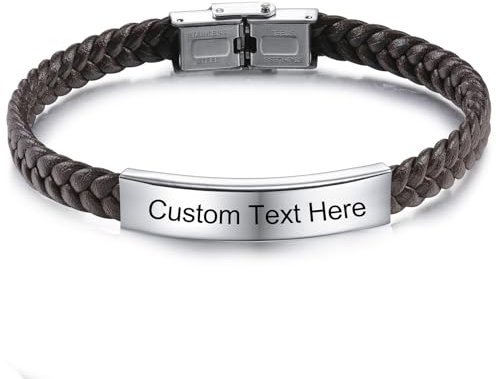 INBLUE Personalizado Pulsera de Cuero Grabado Texto Pulsera para Hombres Padre Amigo Etiqueta de Acero Inoxidable Ajustable Pulsera de Cuerda Trenzada Joyería de Moda Regalo para Aniversario - Marrón