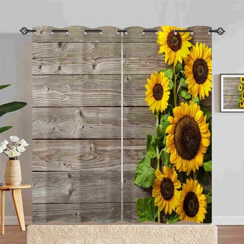 ANHOPE Gelb Sonnenblume Holzbrett Gardinen Blickdichte Thermo Vorhänge mit Ösen Weich Vorhang Blackout Curtain Wohnzimmer Schlafzimmer Verdunklungsvorhänge 2er Set H 200 x B 140 cm