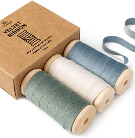 Vitalizart Samtband Staubig Blau & Elfenbein & Staubig Grün 0,95 cm x 4,57 m x 3 Rollen mit Hölzernen Spule, Stoffband für Weihnachten Kranz Dekoration Handgemachte Ornamente & Geschenkverpackungen