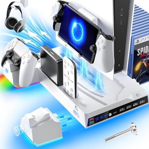 Fenolical PS5/PS5 Slim Stand and Cooling Station Compatible with Playstation 5 Console, PS5 Accessories with Detachable and Individual Controller Charging Station and 3 Levels Cooling Fan (White)
