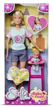 Simba Steffi Love Food 105733705 - Muñeca de Juguete para Alimentar a su pequeño bebé, con Babero, Papilla, Cuchara y Botella, 29 cm, a Partir de 3 años
