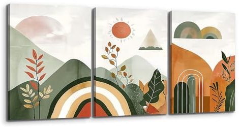 MHARTK66 Boho Leinwand Bilder Set Wohnzimmer, Sonne Abstract Blätter Geometrieblöcke Wandbilder Schlafzimmer, Natur Bilde Aesthetic, Minimalismus Modern Wandeko Wandkunst Badezimmer Flur Büro