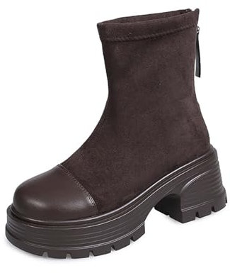 Stivaletti da equitazione da donna con calda imbottitura, impermeabili, in pelle scamosciata, con plateau e plateau, eleganti stivaletti Chelsea con chiusura a strappo, con punta tonda, colore marrone