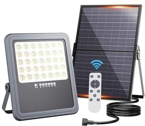 HOOLED Foco Solar Exterior Potente con Control Remoto 18,000 mAh 6500K Focos LED Exterior Solares de Panel IP66 Lámparas Solares para jardín,Terrazas,Garajes,Con cable de 2,5 m