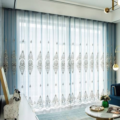 Wycian Vorhangschiene Gardinen 2er Set Blau Voile mit Gesticktem Muster H147 x B107 cm (2er Pack) Polyester