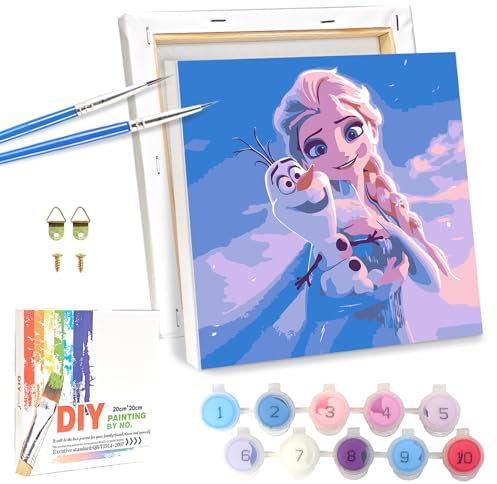 LAISU Eiskönigin Malen Nach Zahlen mit Rahmen Leinwand Pinseln Acrylfarben, Paint by Numbers für Teenager und Erwachsene Anfänger, 20x20cm Kleine DIY Cartoon Prinzessin Gemälde Bastelset für Frauen