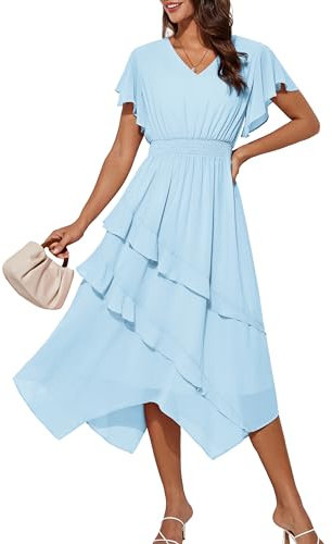 GRACE KARIN Women Midi Dress Spring Elegant V Neck Tunic Long Dresses for Holiday L Light Blue