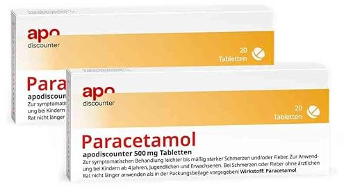 apodiscounter Paracetamol 500 mg Tabletten (2x 20 Stück) | Schmerzmittel & Fiebermittel - Schnell Wirksam & Gut Verträglich - Kopfschmerzen, Zahnschmerzen & Erkältung