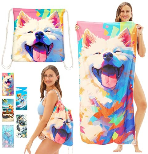 CWENDANER Strandtuch Mikrofaser Handtuch Badetuch, Rucksack Strandtuch Badetuch, 140x70 cm Saugfähig und Schnell Trocknende Sandfrei, für Strand, Reise, Schwimmen(Smiley-Hund)