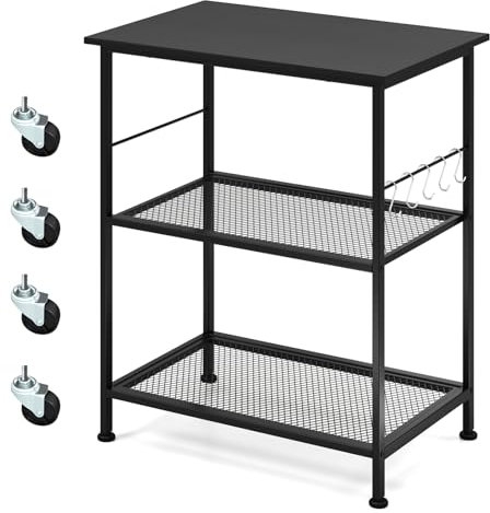 TANGZON 3-Tier Kitchen Baker's Rack on Lockable Wheels, Steel Frame Microwave Oven Shelf with 5/10 S-Hooks, Rolling Kitchen Trolley Cart for Home Dining Living Room (2 Mesh Shelves, Black)