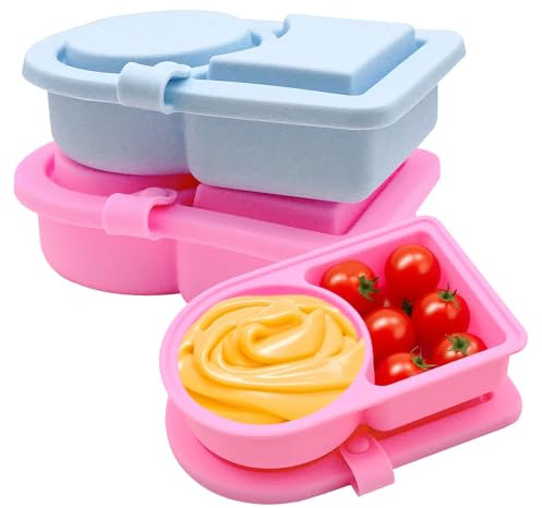 TULEBOLIAN 2 PCS Silicone Reusable Dual Compartment Snack Containers with Lids, Salad Dressing Sauce Seasoning Container, for Travel Office Picnic, Food Storage Boxs,Blue and Pink