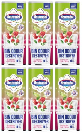 Neutradol Dustbin Odour Destroyer, Bin Freshener Deodorising Powder, Odour Eliminator for Indoor & Outdoor Bins, Multipack of 6 x 350g (Raspberry & Lime Crush)