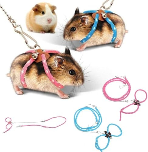 Small Hamster Harness Rope, Pet Hamster Rat Mouse Ferret Harness, Blue, Adjustable, Pet Locator Bell, Leash