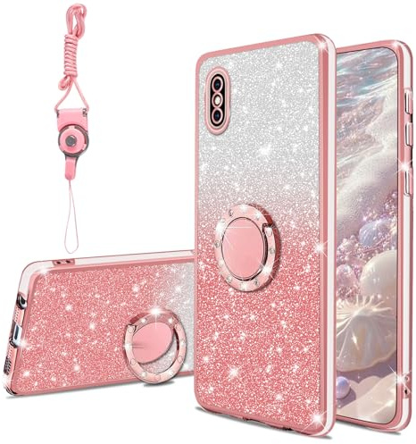 KuDiNi for iPhone Xs Max Case Cute Sparkle Bling Sparkly Slim Clear TPU Thin Shiny Glitter Case Women Girly, Shockproof Protection Cover with Ring Stand & Strap for iPhone Xs Max 6.5,Pink Gold