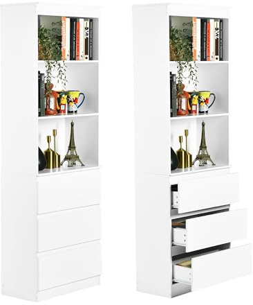 2er Set Bücherregal Weiß Bücherschrank mit 3 Schubladen & 3 Fächern, 180CM Hochschrank Bad Highboard Wohnzimmer Dolap Standregal Holz Buchregal Bücher Regal Schlafzimmer Küche Weiss(60x32x180CM)