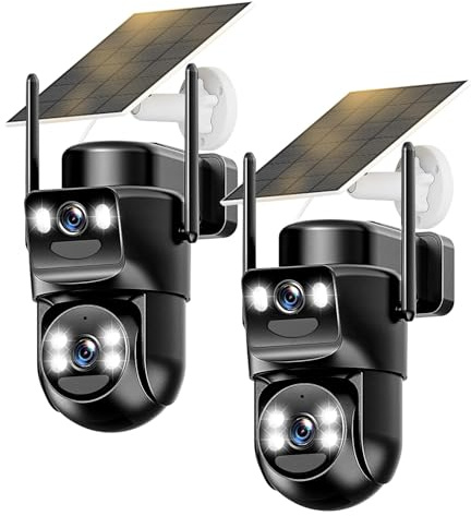 8MP Caméra Surveillance WiFi Extérieure sans Fil Double Objectif,4K Détection Humaine avec Panneau Solaire,360°Camera Exterieur,Vision Nocturne Couleur,Audio Bidirectionnel,Suivi Automatique,2PCS
