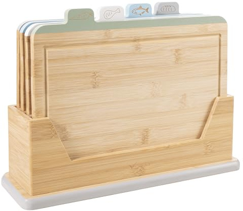 Vencier 4-Piece Bamboo Chopping Board Set with Storage Stand – Colour-Coded Food Prep Boards for Meat, Fish, Vegetables & Bread – Durable, Hygienic & Non-Slip Kitchen Cutting Boards