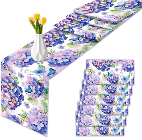 6 Stück Tischläufer Blaue Hortensie Motiv,Frühling Sommer Tischdecke für Hochzeit, Esszimmer Gartentisch Urlaub Dekoration Party Zubehör,275x35CM