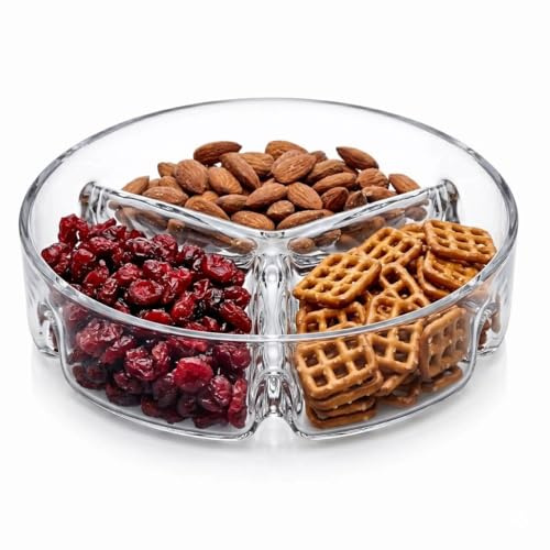 URBNLIVING Crystallin Glass 3 Section Snack Bowl Divided Serving Dish | Trio Platter for Dry Fruits, Nuts & Sweets | Elegant Clear Glass Serveware for Home, Parties & Gifting | Modern Design