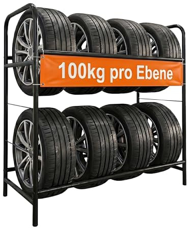 Relaxdays Reifenregal für 8 Reifen, HxBxT: 106 x 106 x 46 cm, 200 kg, Stahl, 2 Ebenen, Räderregal, Reifenlager, schwarz