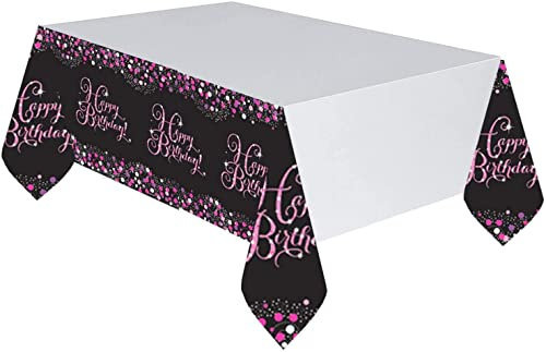 Amscan 9900572 - Tischdecke Happy Birthday, 1 Stück, Größe 120 x 180 cm, Pink, Kunststoff, Sparkling, Glitzer, Weiß mit Motiven in Schwarz-Pink, Alles Gute zum Geburtstag, Konfetti
