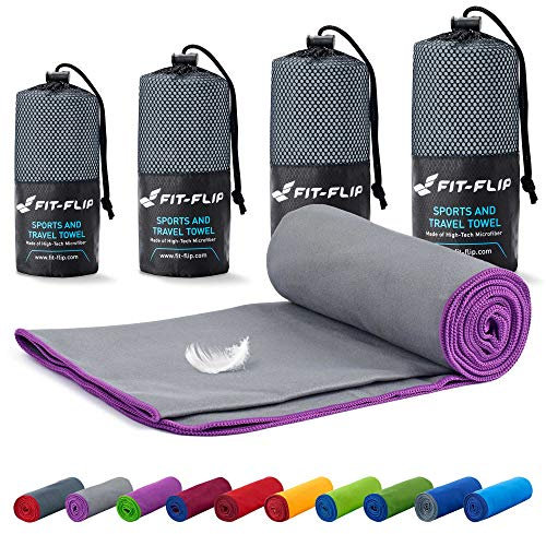 Fit-Flip Mikrofaser Handtuch - kompakt, leicht und schnelltrocknend - Microfaser Handtücher - als Reisehandtuch, Sporthandtuch, Strandtuch und Badetuch groß (100x200cm, Grau mit Lila Rand)
