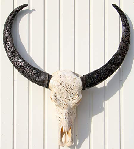 Wogeka ECHT Büffel Schädel Longhorn Carving Stierkopf Blumen Rosen Gothic Skull Horn 25
