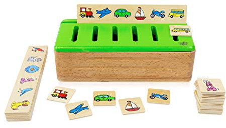 edu fun 31125 Puzzle Sortierbox Motorik-Spielzeug Sortierkasten mit Deckel Holzspielzeug Lernspielzeug Holzpuzzle Spielzeug aus Holz 28 Teile 4 Kategorien 24x12x7,4cm