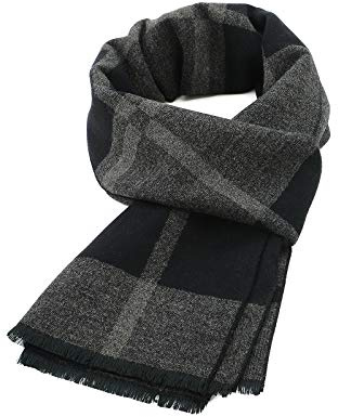American Trends Mens Winter Warm Scarf Plaid Tassel Scarf for Men Soft Long Cotton Scarves Black Grey Square
