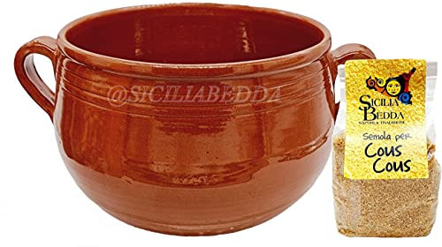 sicilia bedda - Couscoussiera Trapanese in Terracotta - Prodotto 100% Artigianale Come da Tradizione Trapanese - con Semola per Couscous Trapanese (Diametro 20 Cm. Circa)
