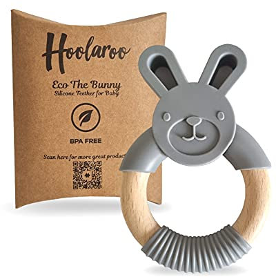 Hoolaroo Beißring aus Silikon für Babys, Beißring, natürliches Beißspielzeug aus Holz, BPA-frei