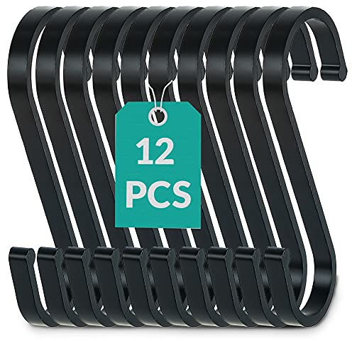 Praknu 12 Ganci Metallici a Forma di S Piatti in Acciaio Inox - Piccoli 8cm - Fino a 25kg di Carico - Gancio a S in Metallo Nero