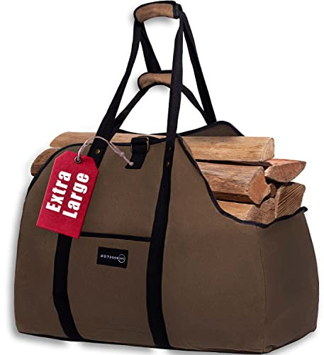 Firewood Bag Carrier - Extra Large Wood Bag for Firewood-Water Resistant Carrying Bag with Padded Handles & A Handy Side Pocket-24L x19H x12-Waxed Canvas Log Tote for Home or Camping By Outdoor 360