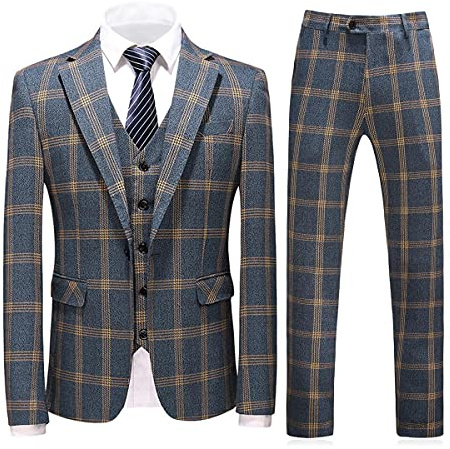 Mens Suits 3 Piece Check Plaid Suit Single Breasted One Button Jackets Formal Dress Party Prom Tuxedo Suits Blazer Yellow Blue