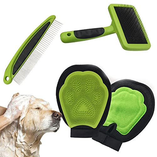 3 in 1 Komplettes Tierhaarentfernung Set - Sanfter Haustier Fellpflege-Handschuh Wiederverwendbarer Leicht zu reinigender Haarbürste Hundekamm zum Entfernen Hunde, Katzen & Kaninchen mit