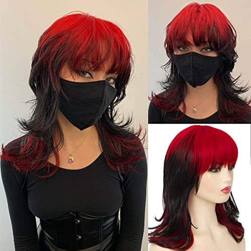 Baruisi Rot Schwarz Perücken für Frauen Schulterlänge Layered Shaggy Perücke mit Pony Synthetische Halloween Cosplay Perücke