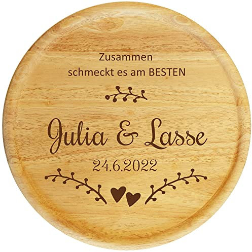 Sterngraf Pizzateller mit Gravur (Namen, Datum) personalisiertes Holz Pizzabrett 32cm - Geschenkidee zum Geburtstag, Geschenke Jahrestag Jubiläum, Holz-Teller MotivP2 Zusammen schmeckt es