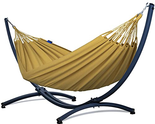 Potenza Outdoor Hängematte mit Gestell für 2 Personen I Merida- Baumwolle Doppelhängematte XXL 220x160, 220kg I Hängemattengestell 220kg, wetterfest (Basic Gestell Graphit, Golden)