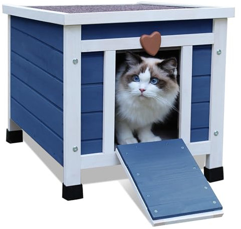 HiCaptain Maison de Chat Exterieur en Bois, Niche pour Chat Exterieur Hiver Etanche,Facile à Installer, pour Chiots,Lapin - 52cm x 42cm x 43cm,Bleu