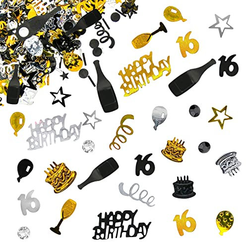 Giftota - Konfetti 16 Geburtstag Deko - 16. Geburtstag Deko - Konfetti (Gold Schwarz) - Partydekoration Geburtstag 16 - Konfetti-Dekoration für Jubiläen, Geburtstage, Partys