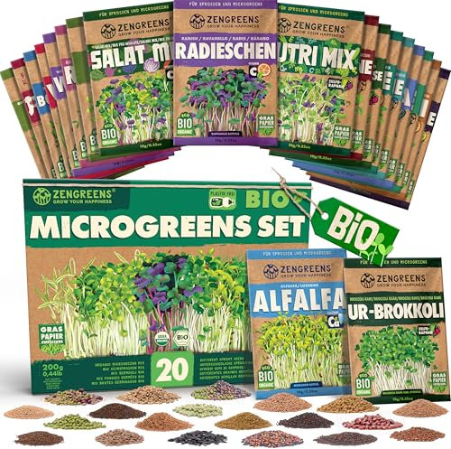 ZenGreens® - Semillas germinadas eco set de 20 - semillas de germinados - fácil cultivo en un tarro de brotes o bandeja de semillas - paquete a granel - 20 variedades diferentes - set de 20